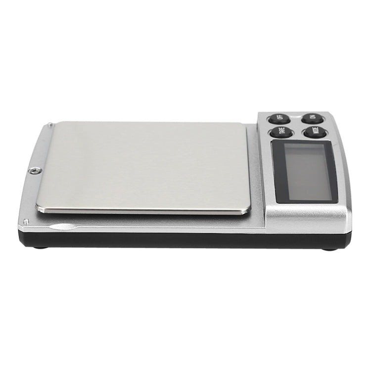 Digital Pocket Scale in black color with stainless steel tray, displaying weight measurements.