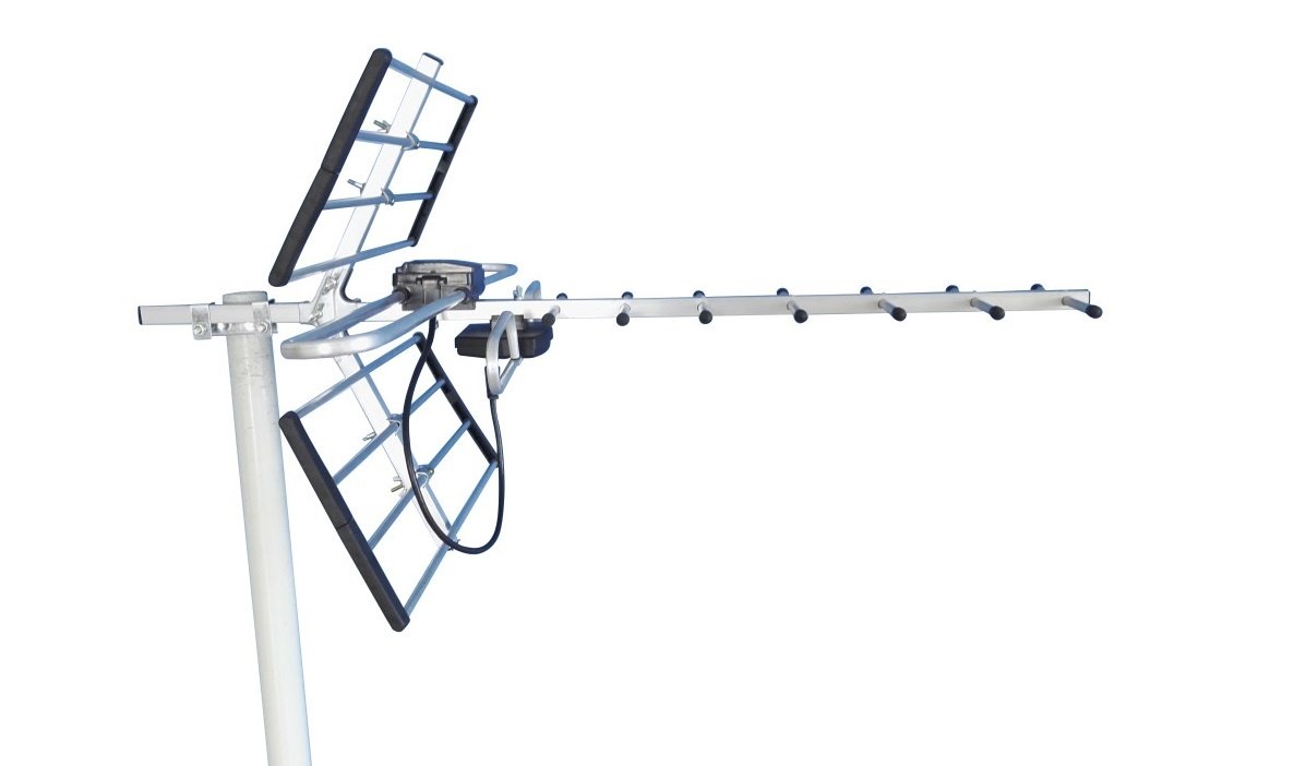 Digital TV Outdoor Antenna designed for UHF, VHF, and FM signals, featuring a sleek black and silver design, waterproof and UV-resistant construction.