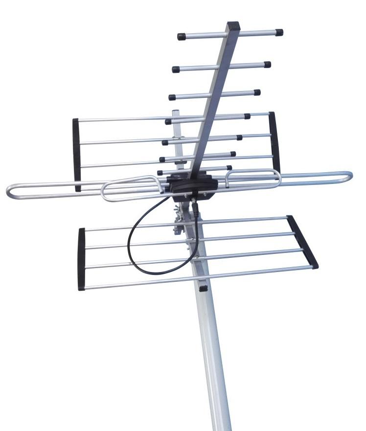 Digital TV Outdoor Antenna designed for UHF, VHF, and FM signals, featuring a sleek black and silver design, waterproof and UV-resistant construction.