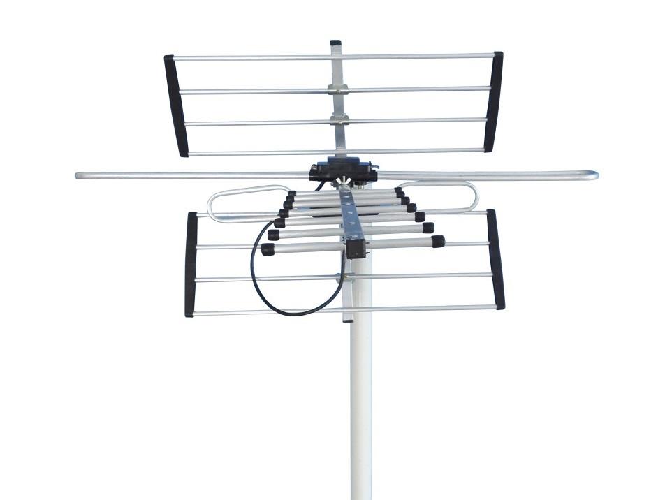 Digital TV Outdoor Antenna designed for UHF, VHF, and FM signals, featuring a sleek black and silver design, waterproof and UV-resistant construction.