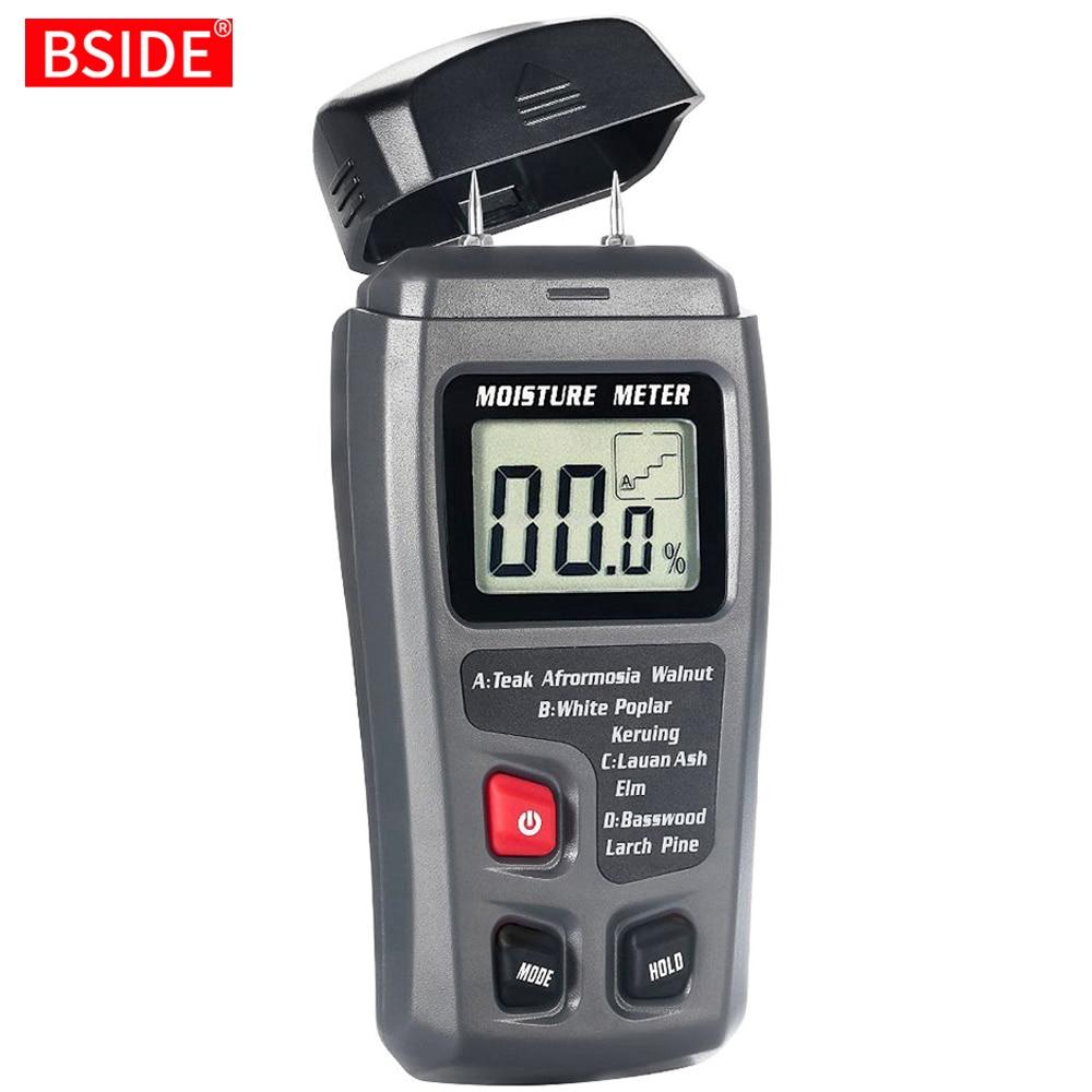 Digital Wood Moisture Meter EMT01 with LCD display, measuring wood moisture levels from 0 to 99.9%, designed for woodworking and timber assessment.