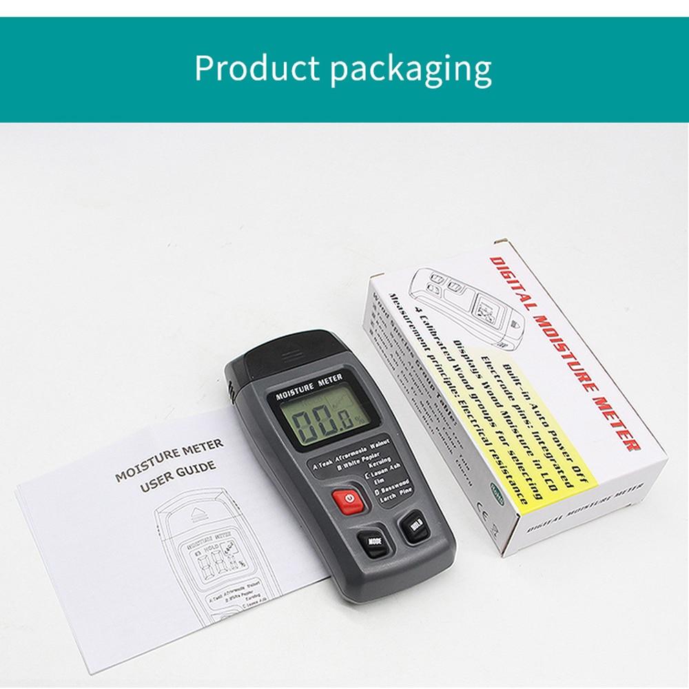 Digital Wood Moisture Meter EMT01 with LCD display, measuring wood moisture levels from 0 to 99.9%, designed for woodworking and timber assessment.