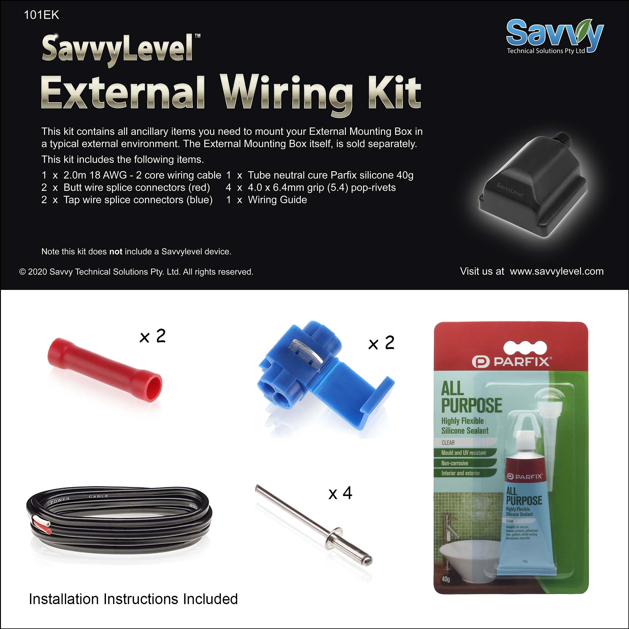 DIY External Wiring Kit for Caravans featuring IP68 rated external mount box, designed for metal front wall installations.