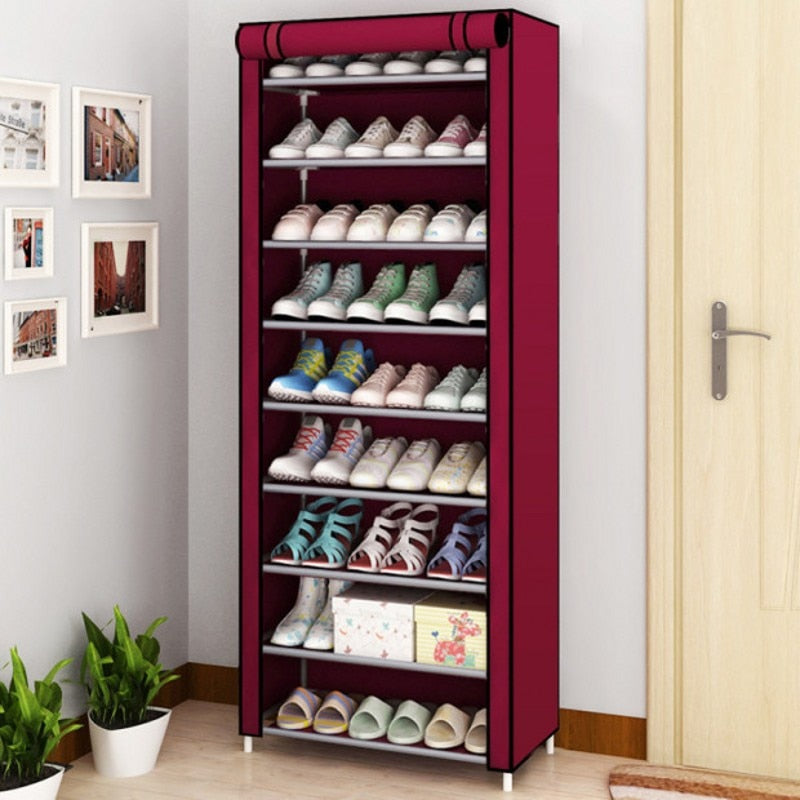 A multi-layer shoe rack made of non-woven fabric and steel pipes, showcasing its dustproof storage capabilities and simple assembly design.