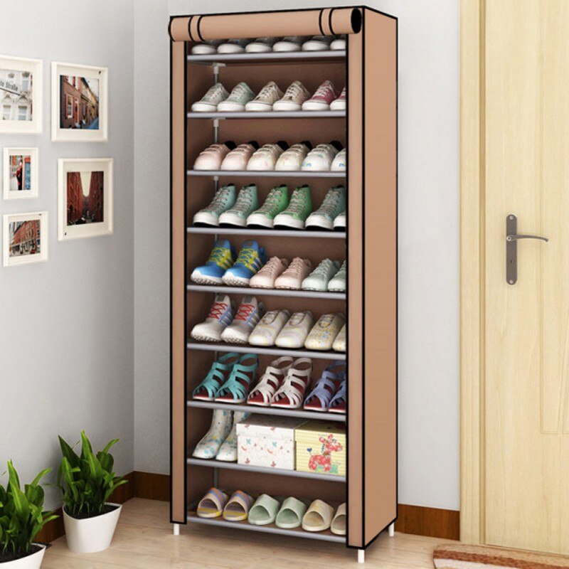 A multi-layer shoe rack made of non-woven fabric and steel pipes, showcasing its dustproof storage capabilities and simple assembly design.