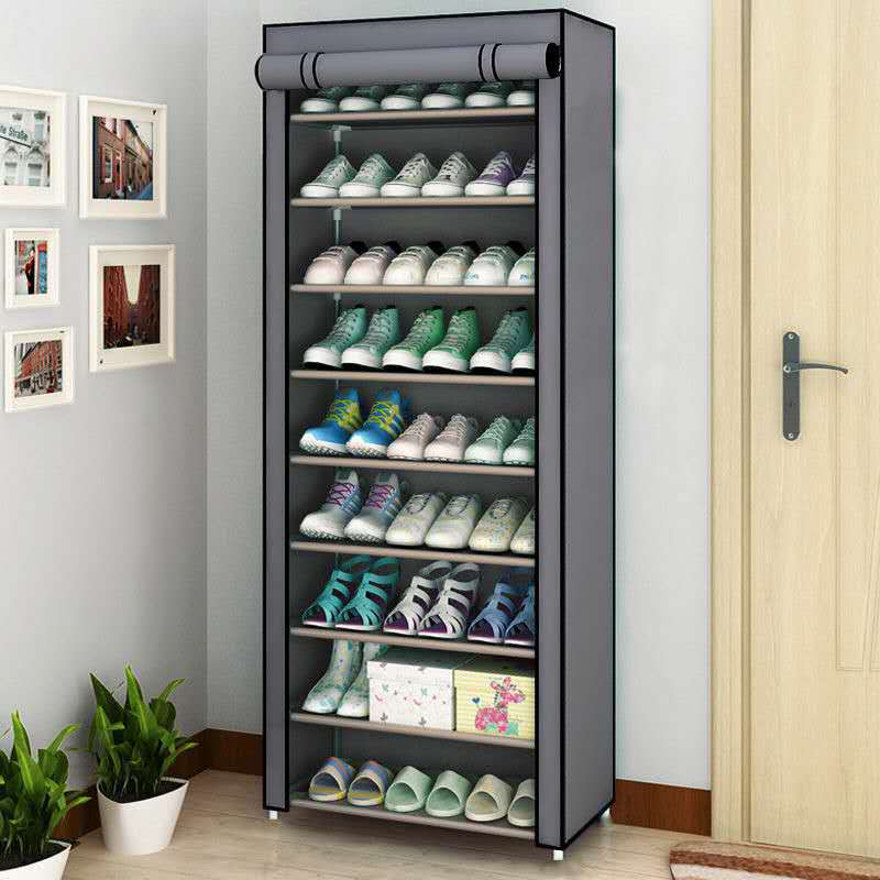 A multi-layer shoe rack made of non-woven fabric and steel pipes, showcasing its dustproof storage capabilities and simple assembly design.