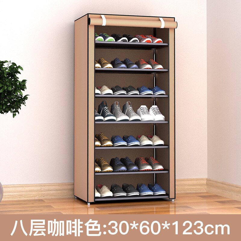 A multi-layer shoe rack made of non-woven fabric and steel pipes, showcasing its dustproof storage capabilities and simple assembly design.