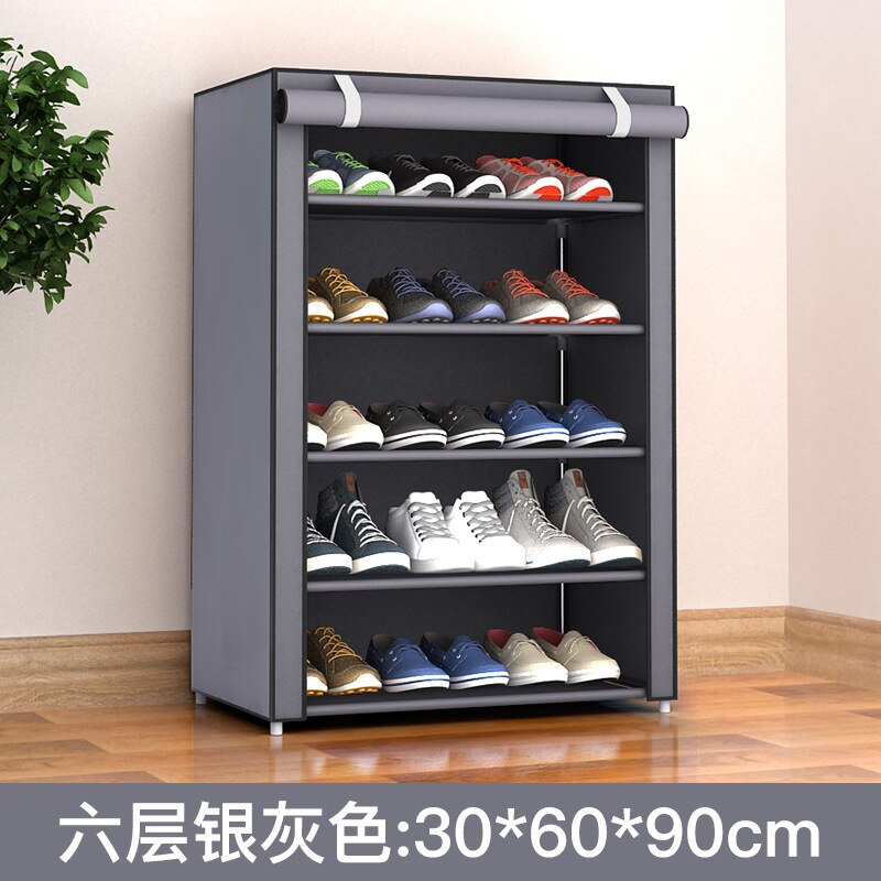 A multi-layer shoe rack made of non-woven fabric and steel pipes, showcasing its dustproof storage capabilities and simple assembly design.