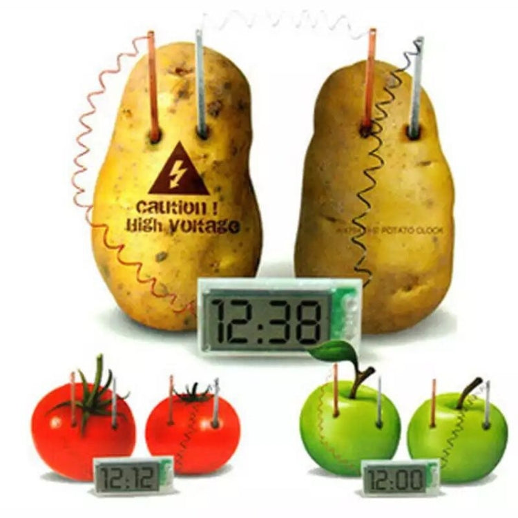 DIY Novel Green Science Potato Digital Clock Educational Kit showcasing a potato battery setup with a mini LCD clock.