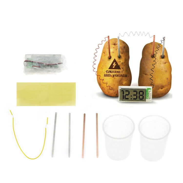 DIY Novel Green Science Potato Digital Clock Educational Kit showcasing a potato battery setup with a mini LCD clock.