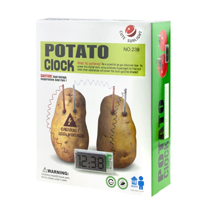 DIY Novel Green Science Potato Digital Clock Educational Kit showcasing a potato battery setup with a mini LCD clock.