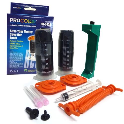 DIY Refill Kit for HP15/45 Black Ink Cartridges with syringe and ink bottle.