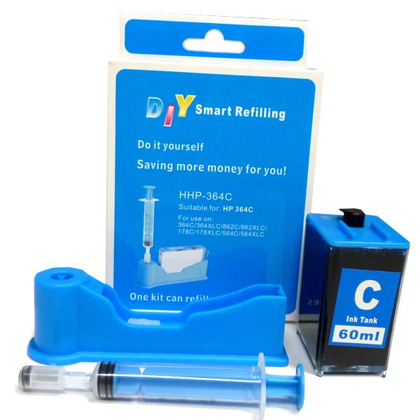 DIY Refill Kit for HP 564/920 Cyan Cartridge, including ink syringe and instructions.