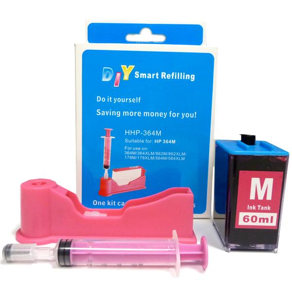 DIY Refill Kit for HP 564/920 Magenta with ink and tools for cartridge refilling.