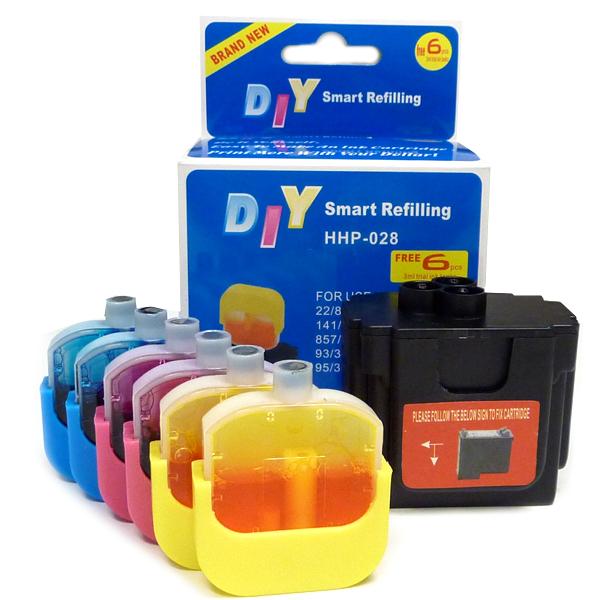 DIY Refill Kit for HP cartridges, featuring a mess-free filling system and ink for multiple refills.