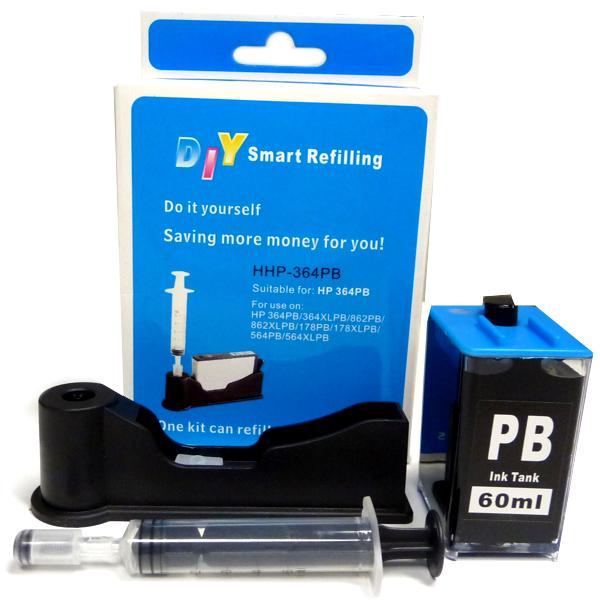 DIY Refill Kit for HP564 Photo Black including ink, syringe, and gloves.