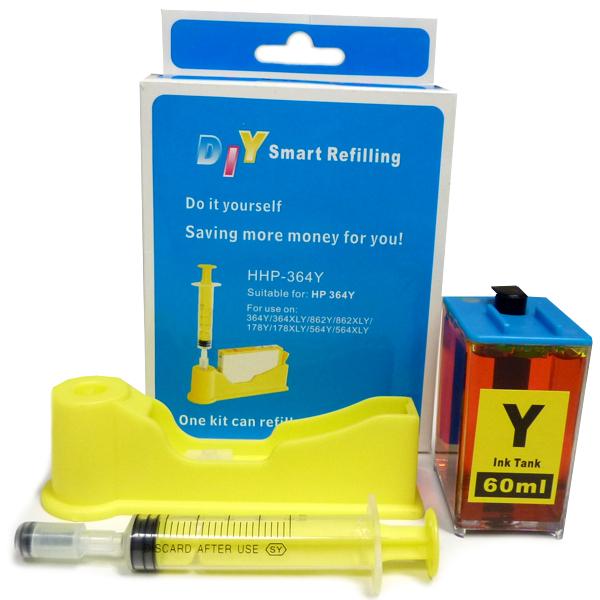 DIY Refill Kit for HP564/920 Yellow Cartridge with tools and ink.