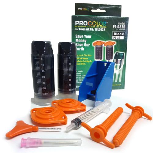 DIY Refill Kit for Lexmark 18L0032, featuring tools and premium Sensient ink for easy cartridge refilling.