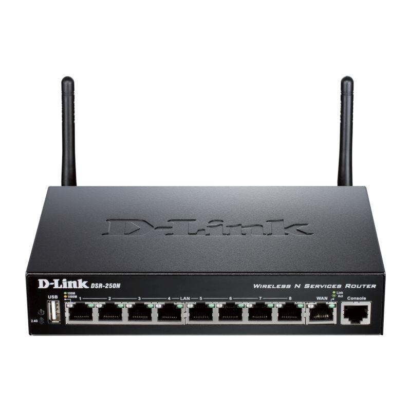 D-LINK DSR-250N Service Router with multiple ports and sleek design.