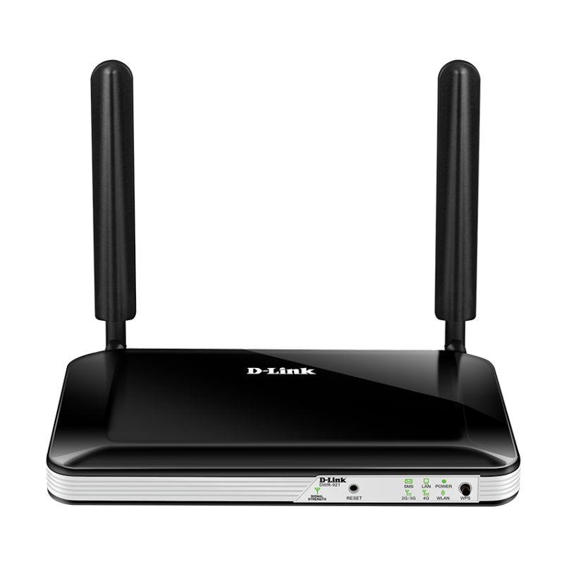 D-LINK DWR-921 4G LTE Router with antennas and ports visible.