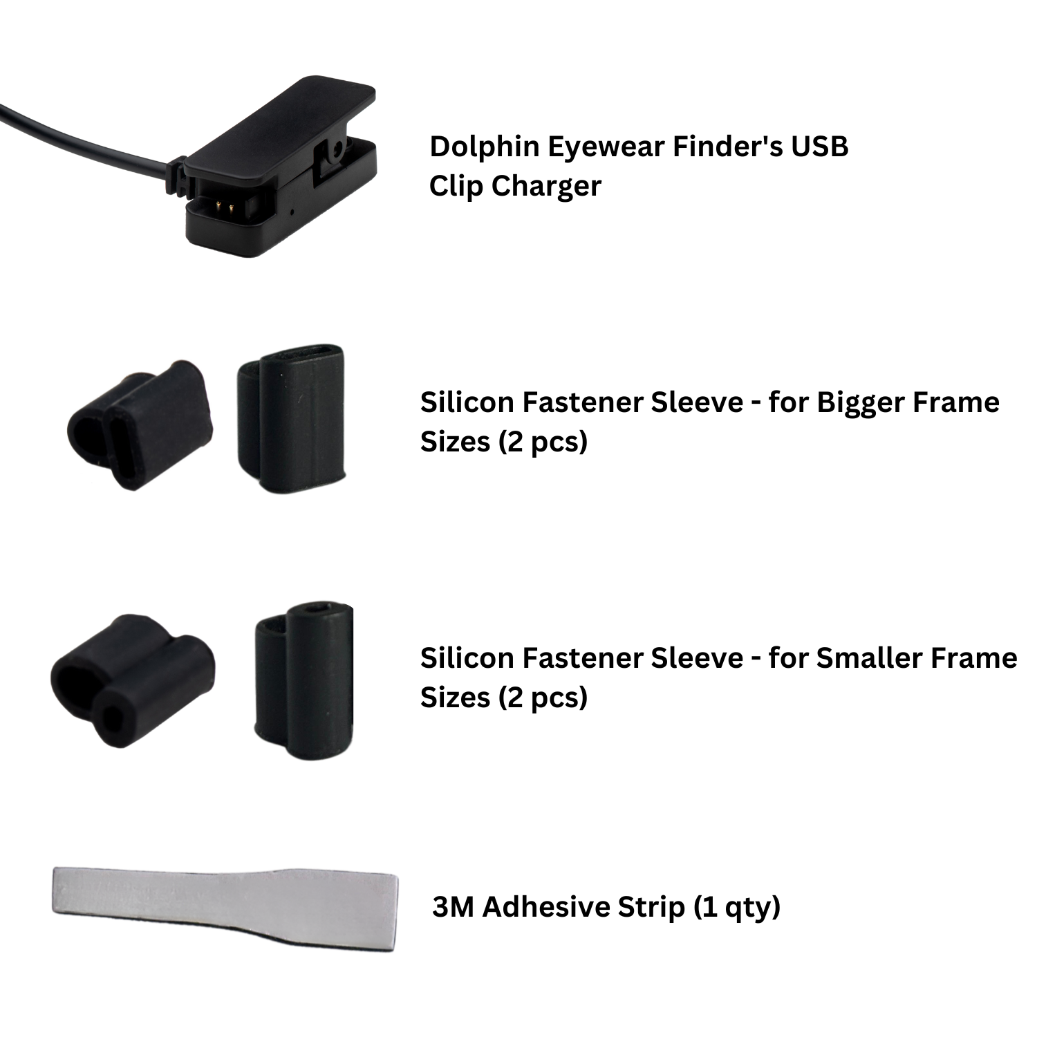 Dolphin Eyewear Charger Accessory Kit including USB clip charger, silicon fastener sleeves, and 3M adhesive strip for secure eyewear attachment.