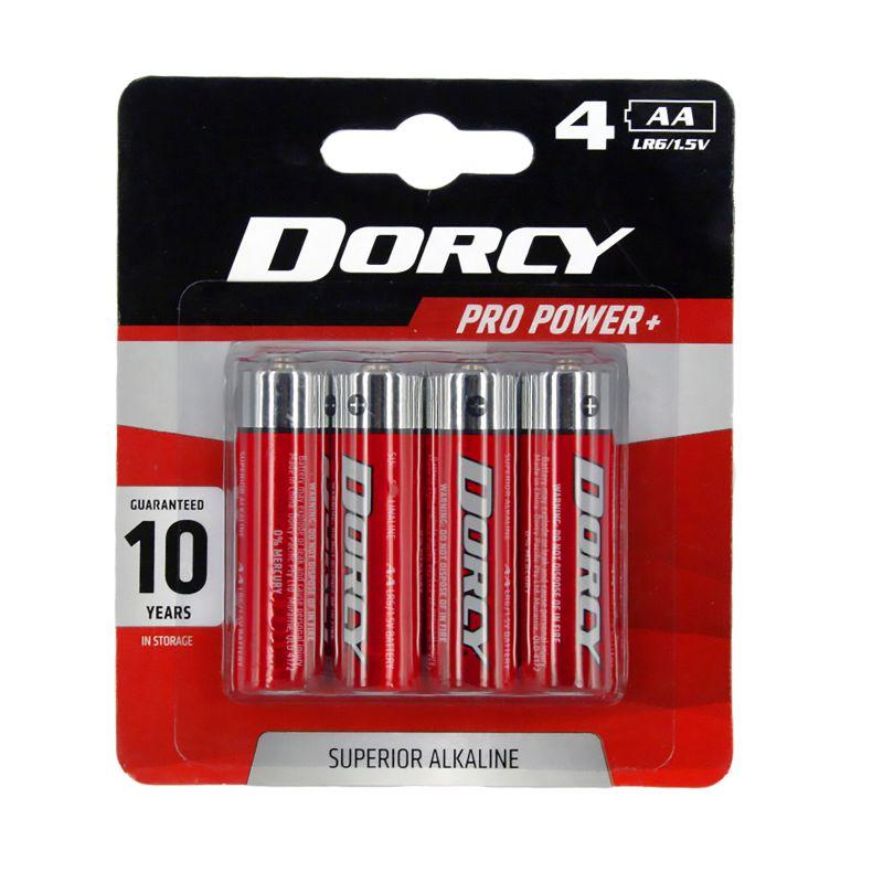 DORCY 4AA Alkaline Batteries in a pack, showcasing their design and labeling.