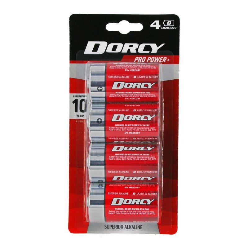 DORCY 4D Alkaline Batteries in packaging, showcasing their size and design.