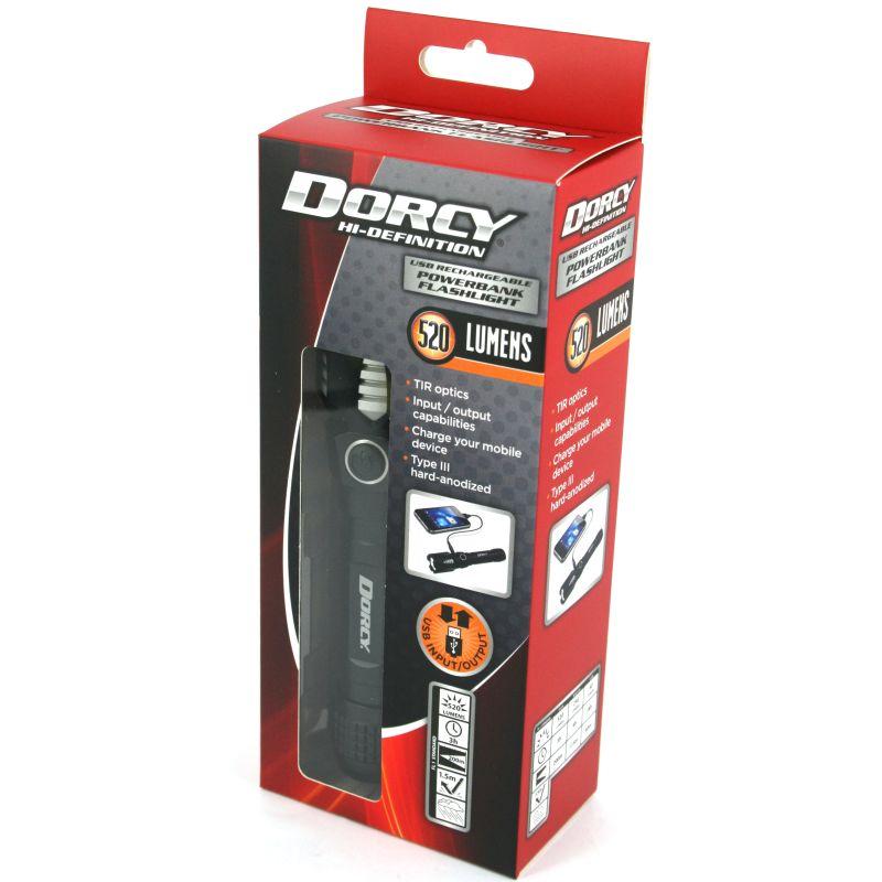 DORCY USB Powerbank Torch featuring a sleek design with LED light and USB charging port.