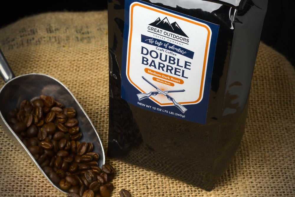 A bag of Double Barrel coffee blend featuring rich mahogany tones and a bold design, symbolizing its robust flavor.