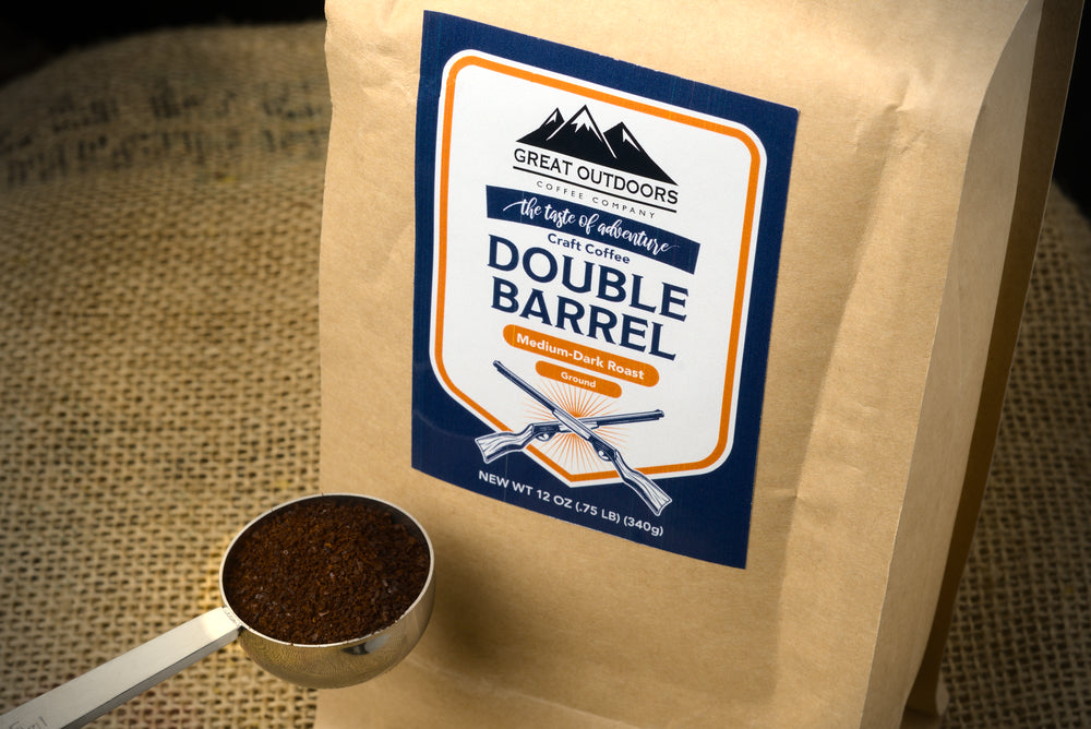 A bag of Double Barrel coffee blend featuring rich mahogany tones and a bold design, symbolizing its robust flavor.