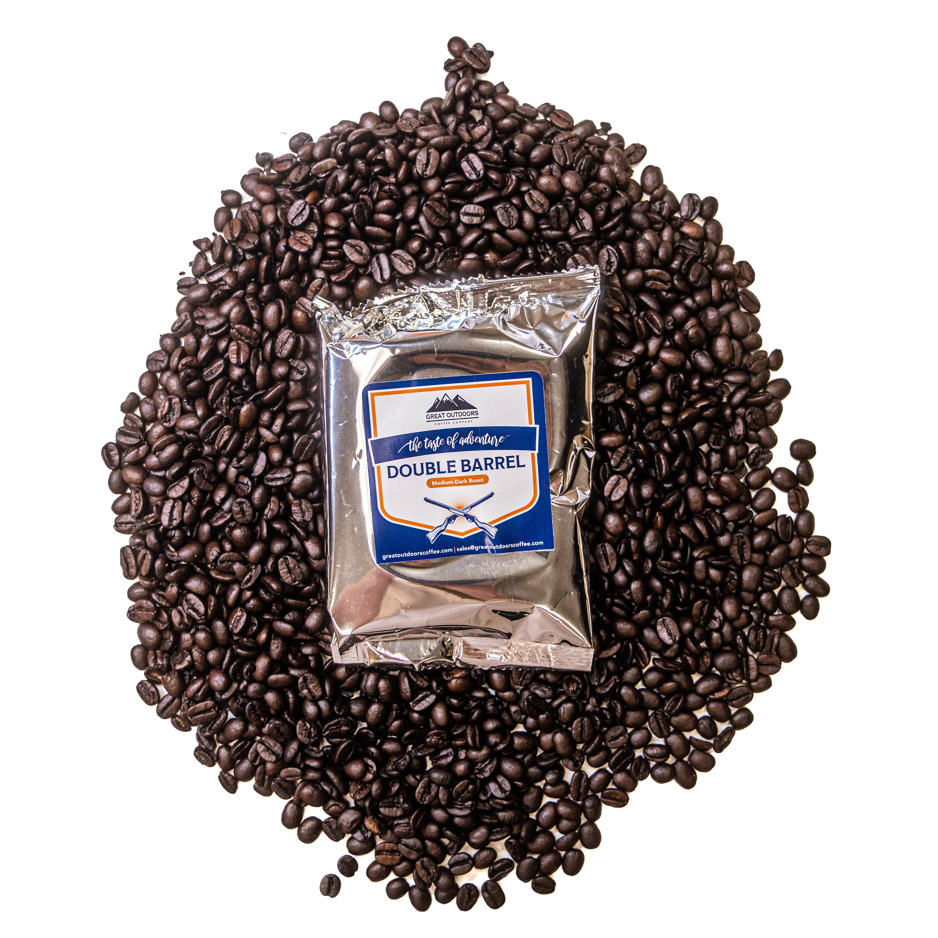 A bag of Double Barrel coffee blend featuring rich mahogany tones and a bold design, symbolizing its robust flavor.