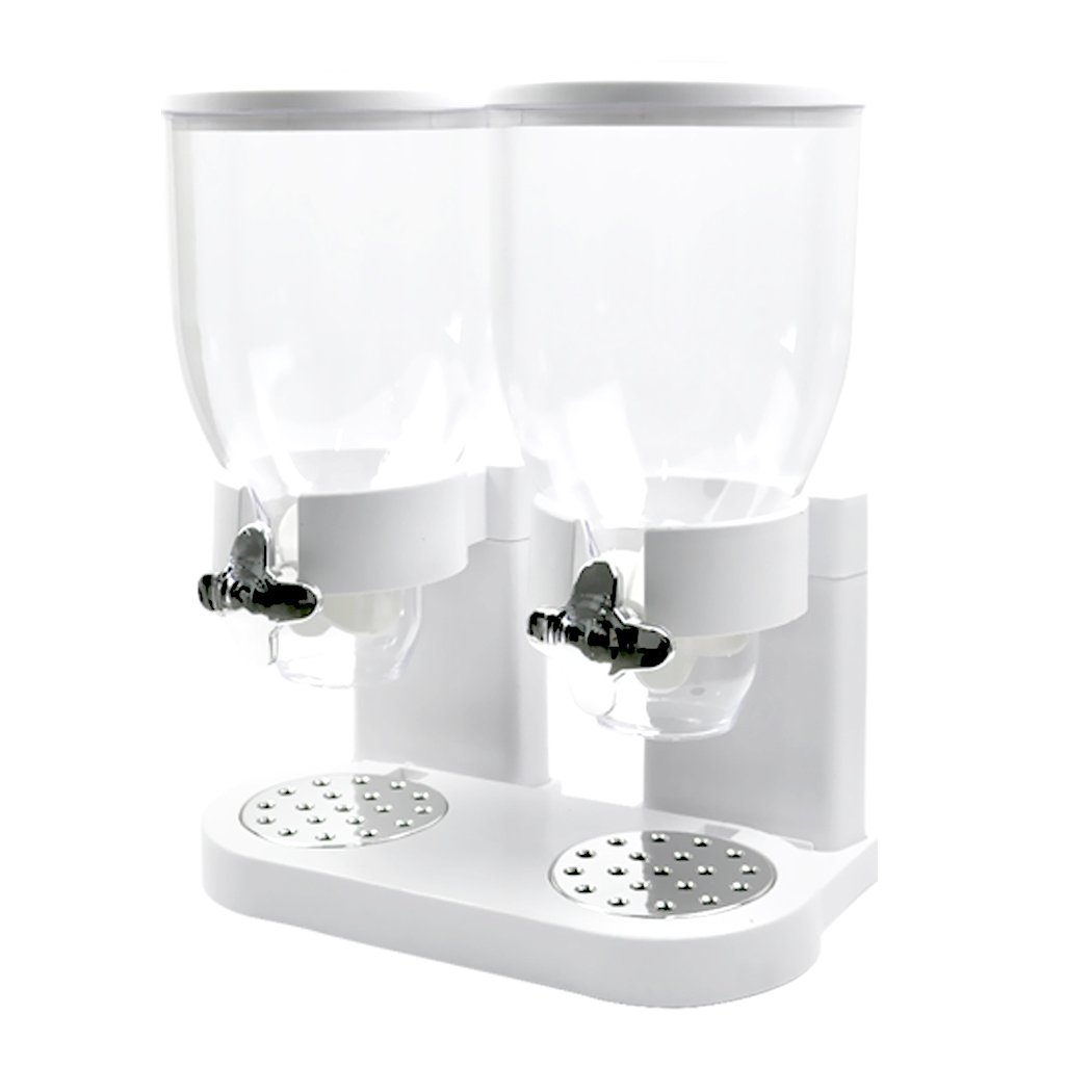 Double Cereal Dispenser in black and white, showcasing its transparent design and twist knob for portion control.