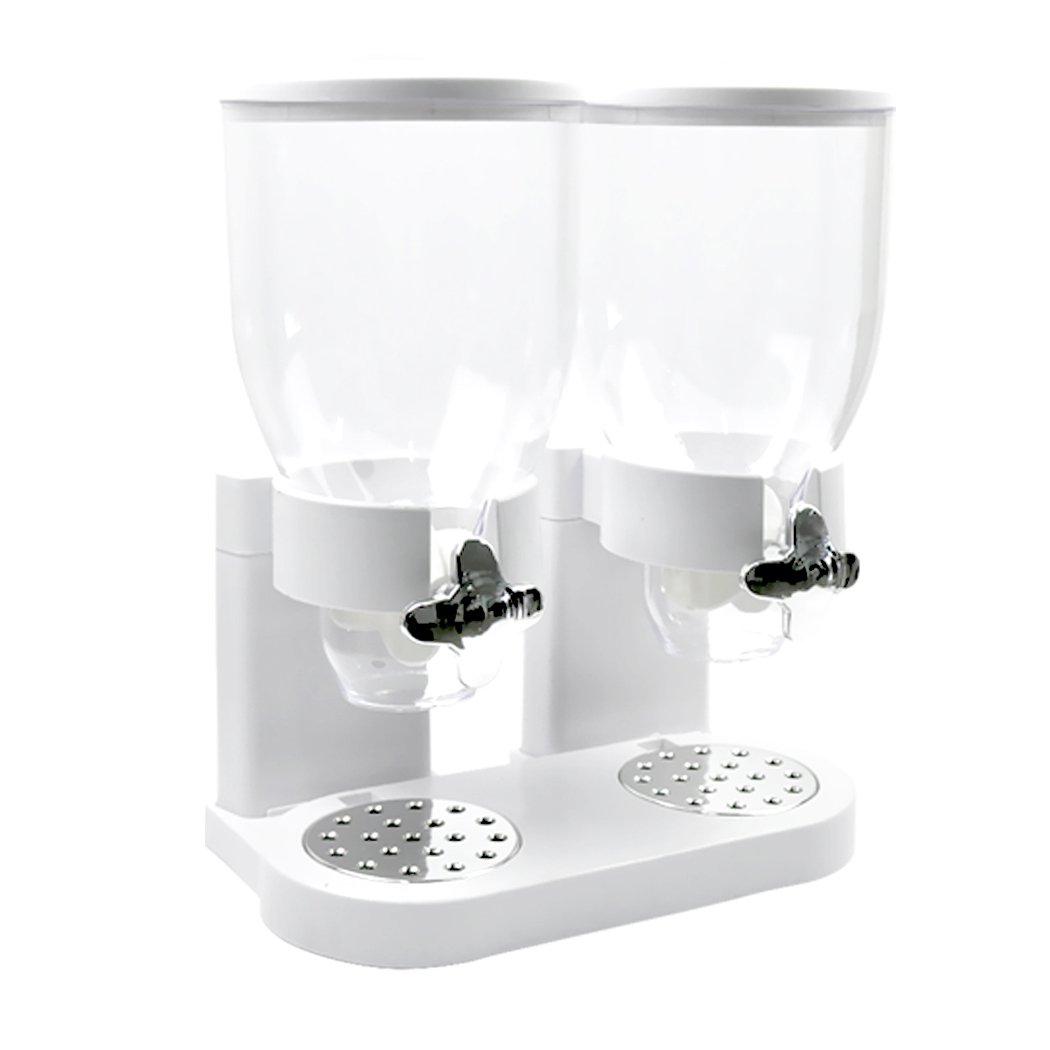 Double Cereal Dispenser in black and white, showcasing its transparent design and twist knob for portion control.