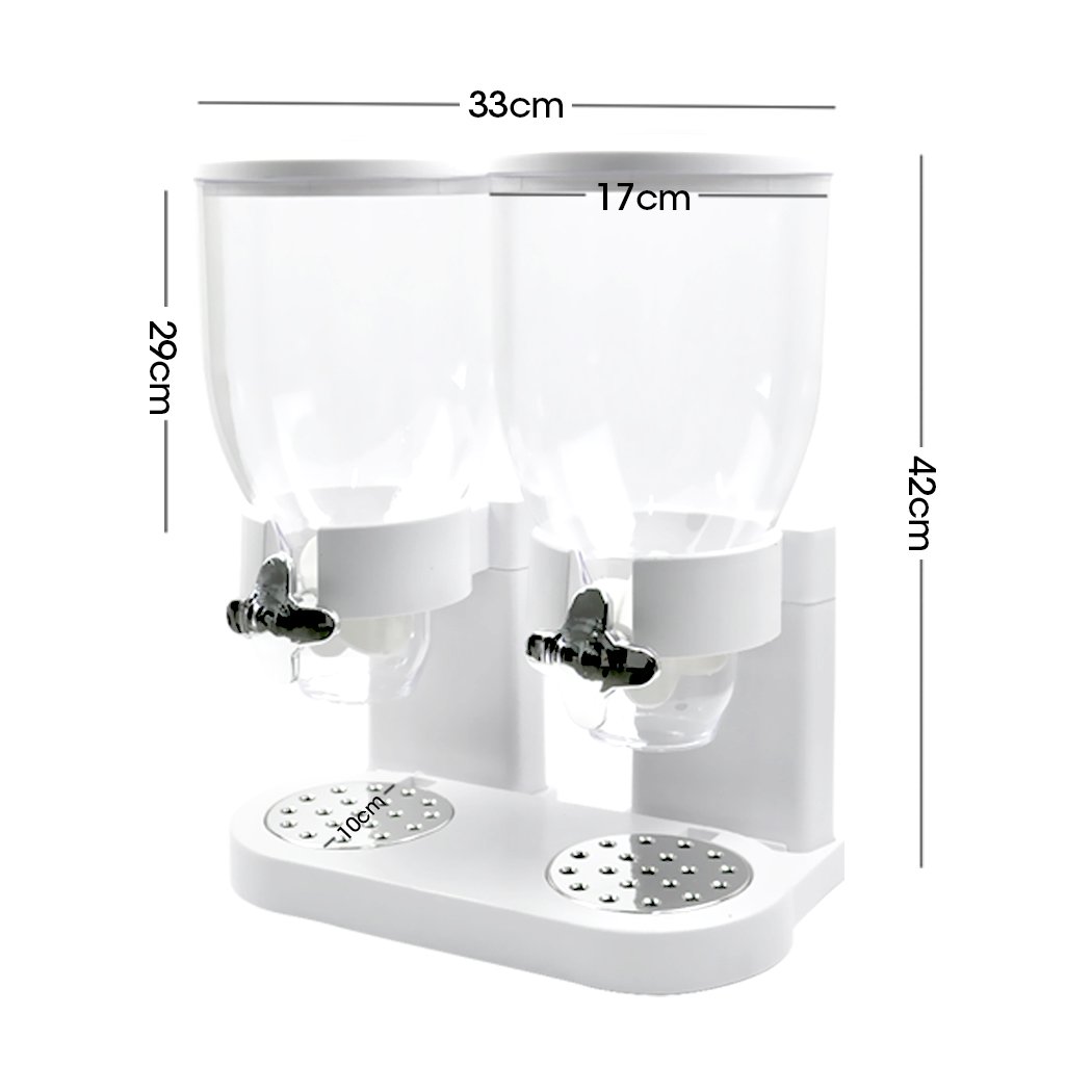 Double Cereal Dispenser in black and white, showcasing its transparent design and twist knob for portion control.