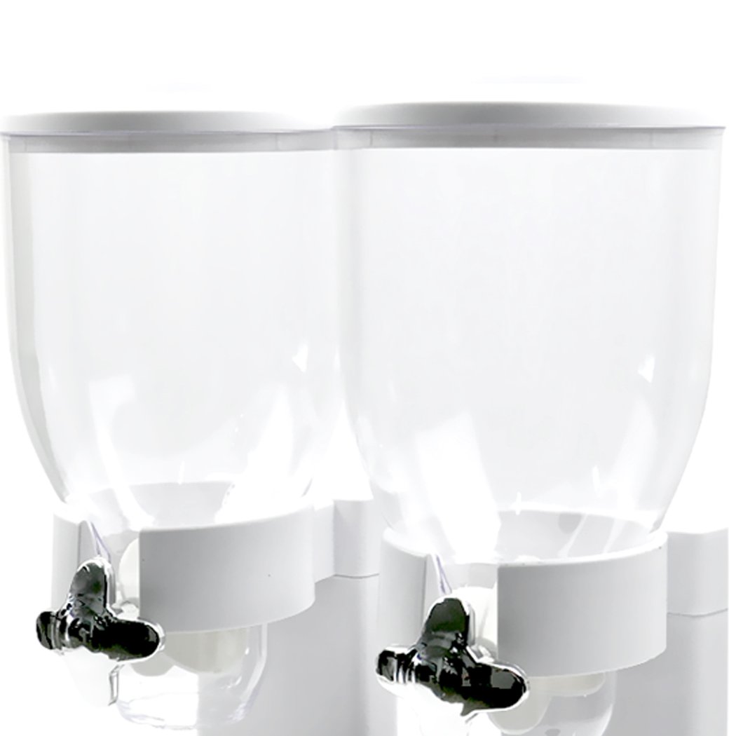 Double Cereal Dispenser in black and white, showcasing its transparent design and twist knob for portion control.