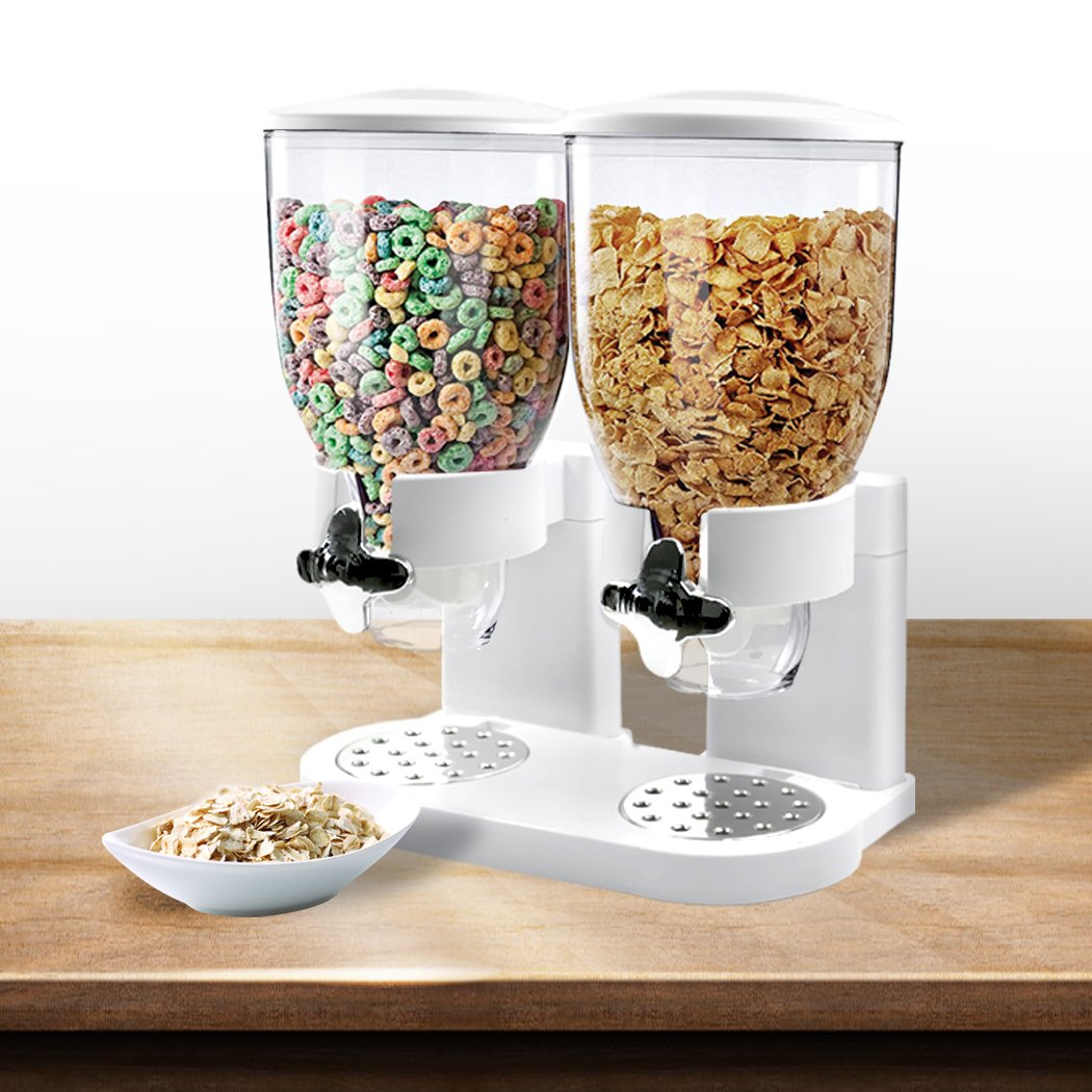 Double Cereal Dispenser in black and white, showcasing its transparent design and twist knob for portion control.