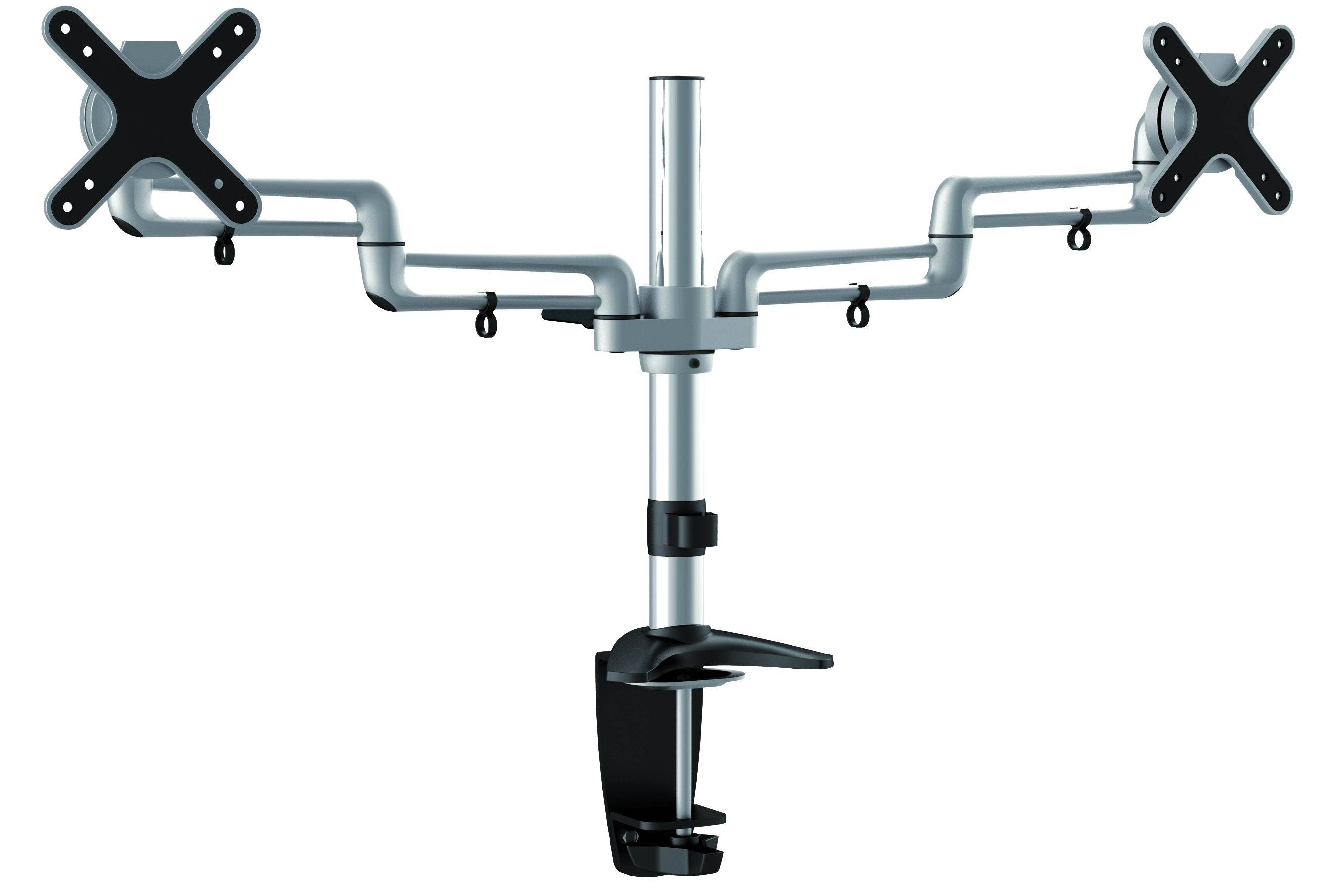 Double Desk Mount Monitor Bracket supporting two monitors from 13 to 27 inches, showcasing full-motion flexibility and elegant aluminum design.