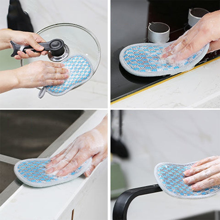 Five double-sided absorbent kitchen dishwashing sponges in various colors, showcasing their soft texture and dual cleaning surfaces.