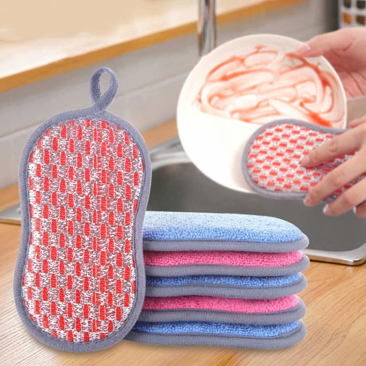 Five double-sided absorbent kitchen dishwashing sponges in various colors, showcasing their soft texture and dual cleaning surfaces.