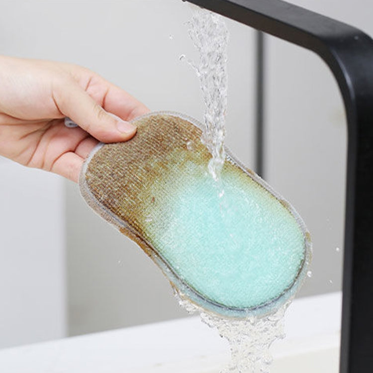 Five double-sided absorbent kitchen dishwashing sponges in various colors, showcasing their soft texture and dual cleaning surfaces.