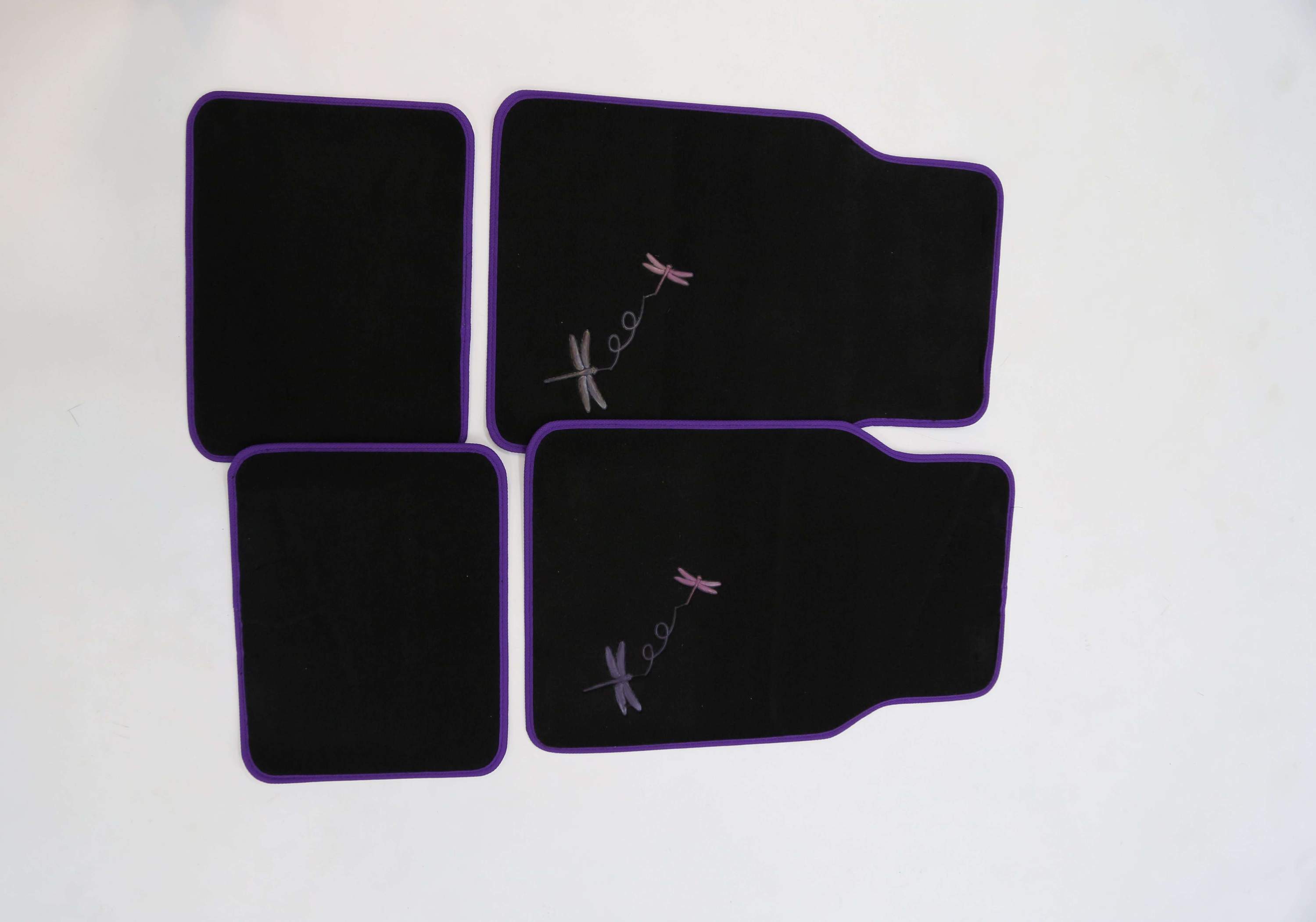 Purple DRAGONFLY 4-Piece Car Mat set designed for universal fit, showcasing durable carpet material and stylish design.