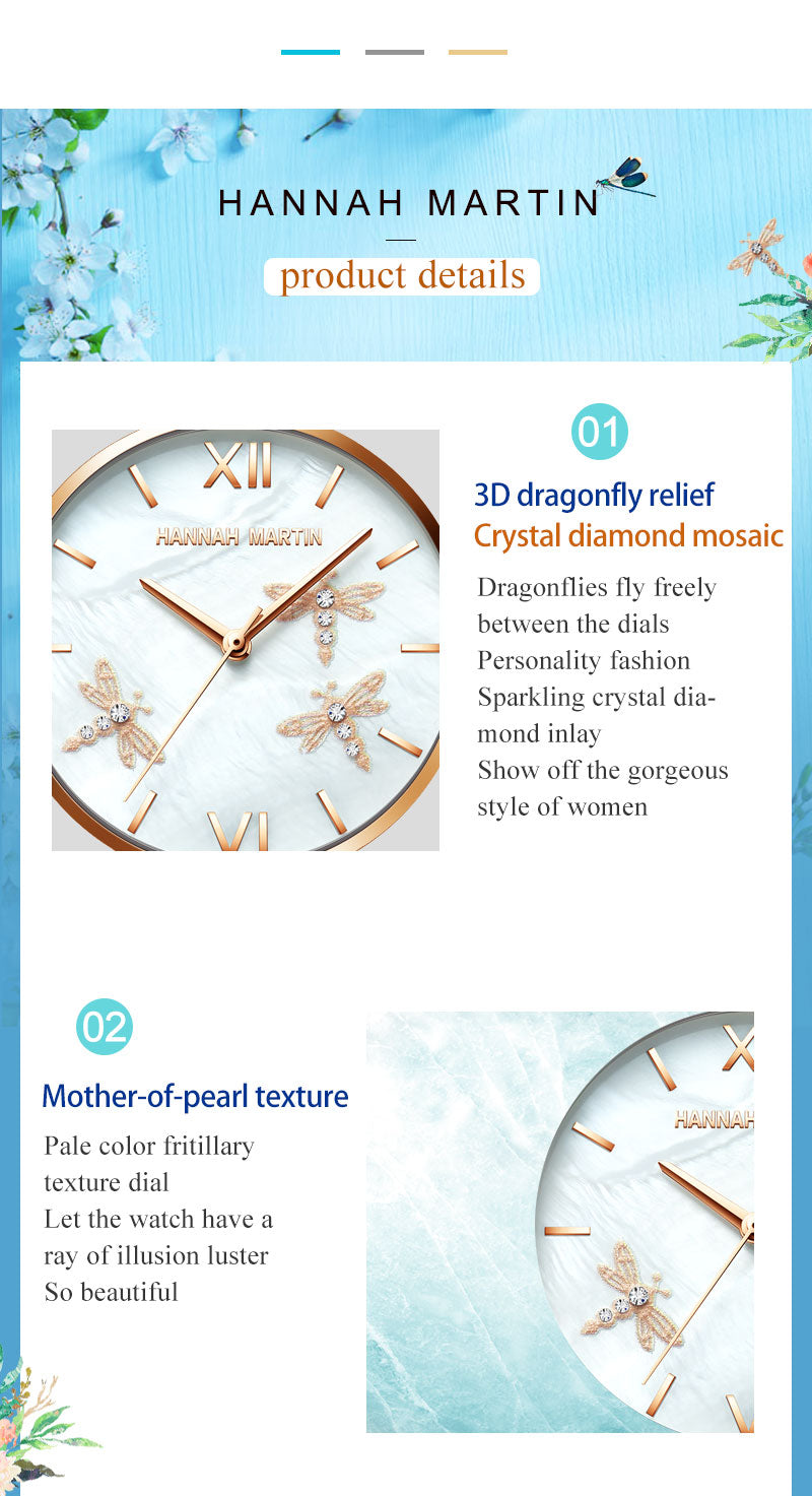 Dragonfly Design White Oyster Scallop Dial Japan Quartz Ladies Watch with stainless steel band and elegant scallop dial.