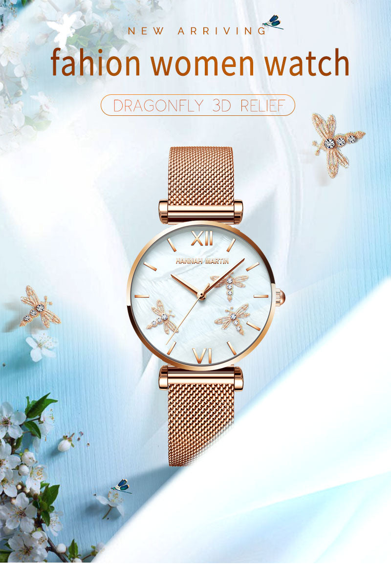 Dragonfly Design White Oyster Scallop Dial Japan Quartz Ladies Watch with stainless steel band and elegant scallop dial.