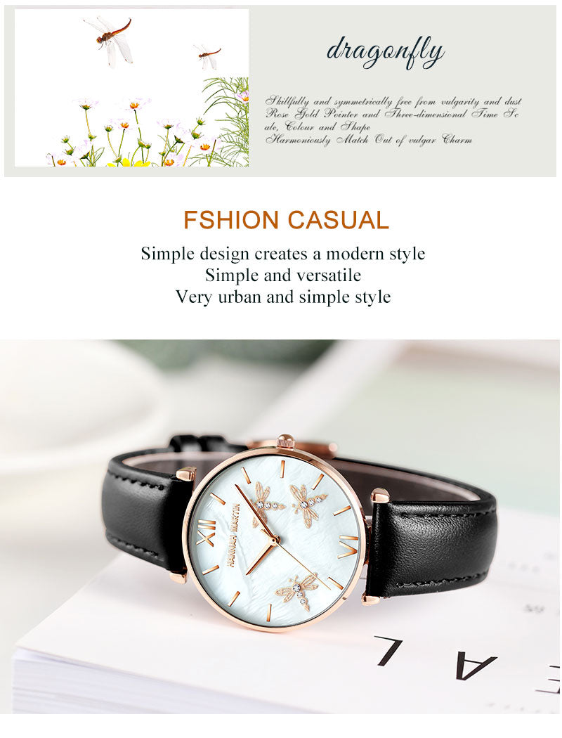 Dragonfly Design White Oyster Scallop Dial Japan Quartz Ladies Watch with stainless steel band and elegant scallop dial.