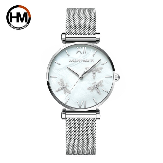 Dragonfly Design White Oyster Scallop Dial Japan Quartz Ladies Watch with stainless steel band and elegant scallop dial.