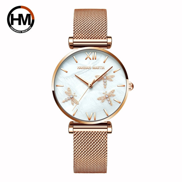 Dragonfly Design White Oyster Scallop Dial Japan Quartz Ladies Watch with stainless steel band and elegant scallop dial.