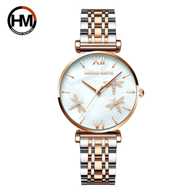 Dragonfly Design White Oyster Scallop Dial Japan Quartz Ladies Watch with stainless steel band and elegant scallop dial.