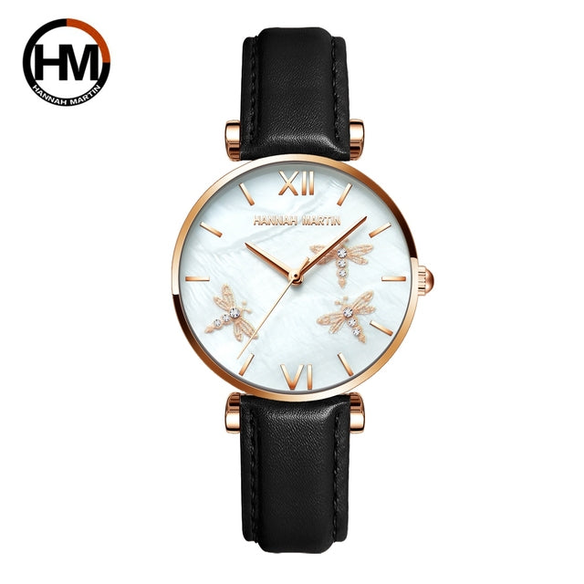 Dragonfly Design White Oyster Scallop Dial Japan Quartz Ladies Watch with stainless steel band and elegant scallop dial.