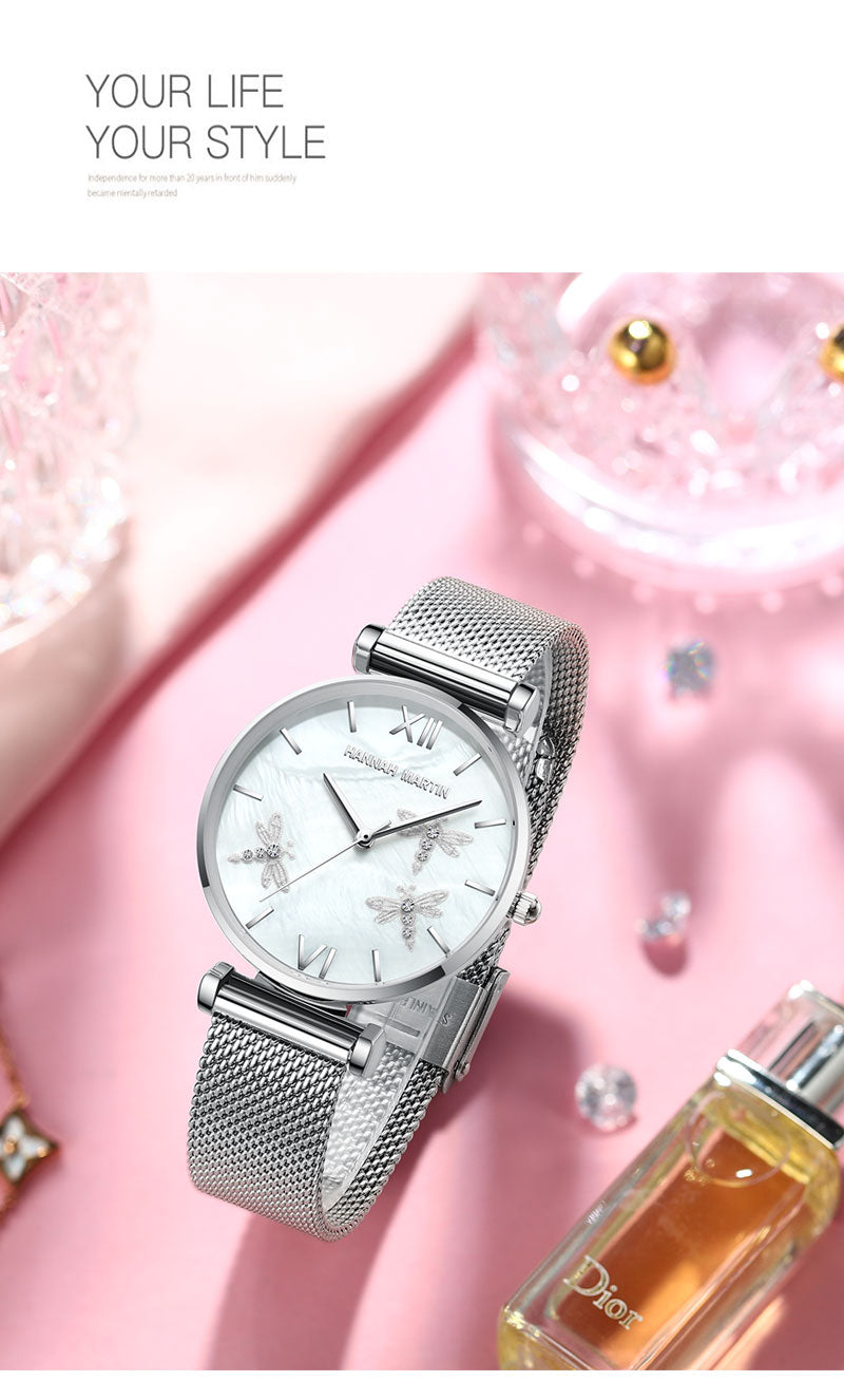 Dragonfly Design White Oyster Scallop Dial Japan Quartz Ladies Watch with stainless steel band and elegant scallop dial.