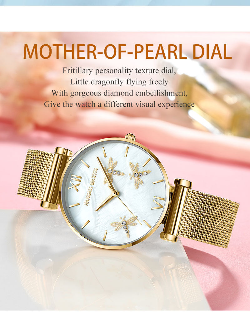 Dragonfly Design White Oyster Scallop Dial Japan Quartz Ladies Watch with stainless steel band and elegant scallop dial.